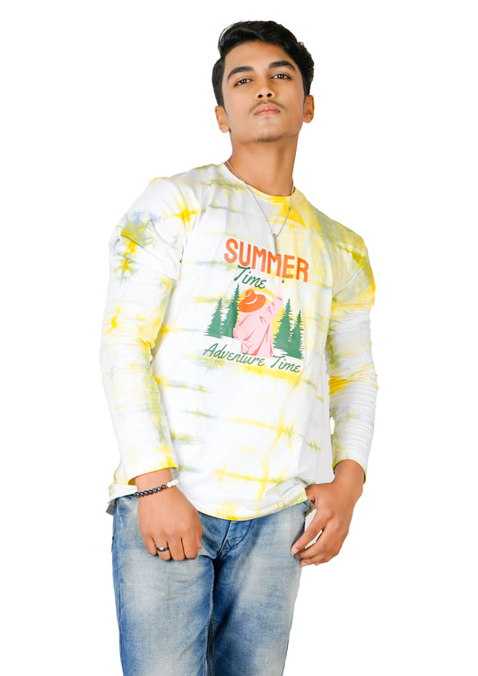 Lafangah Men's Tie and Dye Graphics Printed Full Sleeve Round Neck White Cotton Slim Fit T-Shirt